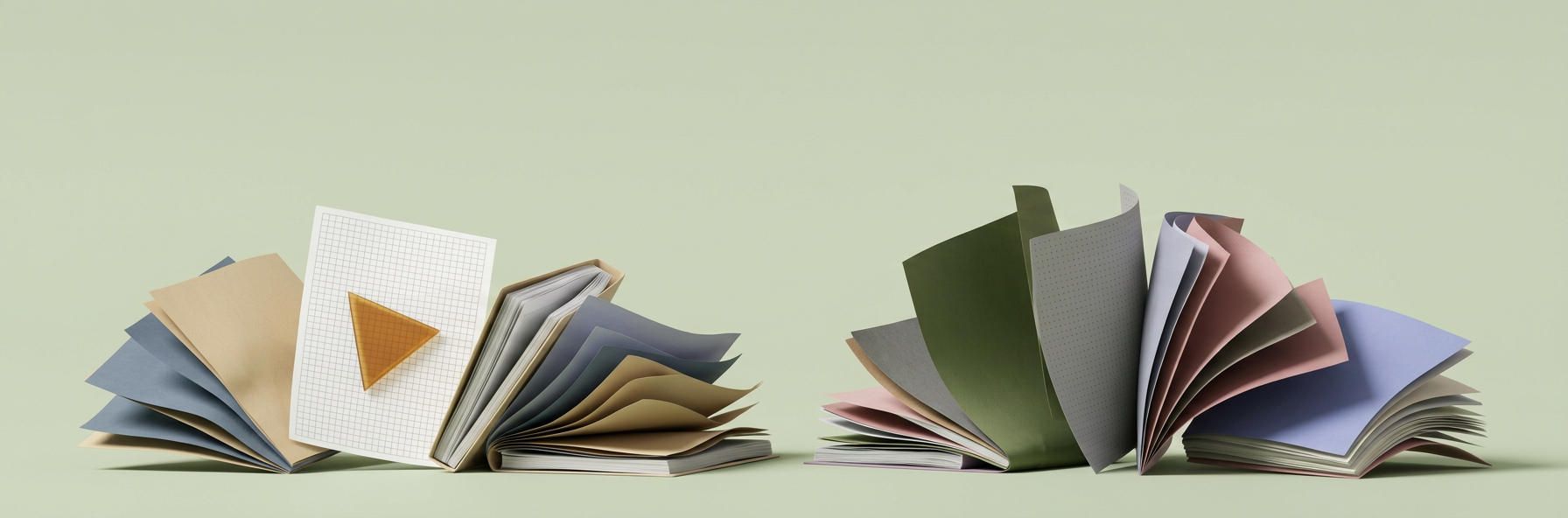 Deux piles de feuilles et de carnets ouverts, en vert, bleu, sable et rose