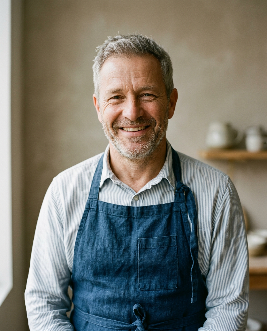 Portrait d'un patron de petit commerce souriant, en tablier de lin